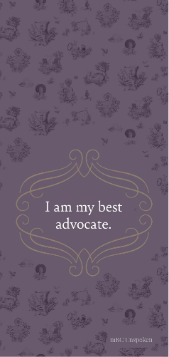 The phrase, “I am my best advocate,” sits inside of a rounded diamond. The diamond is made of a thin, gold and ornate design and is set on a dark lavender background.